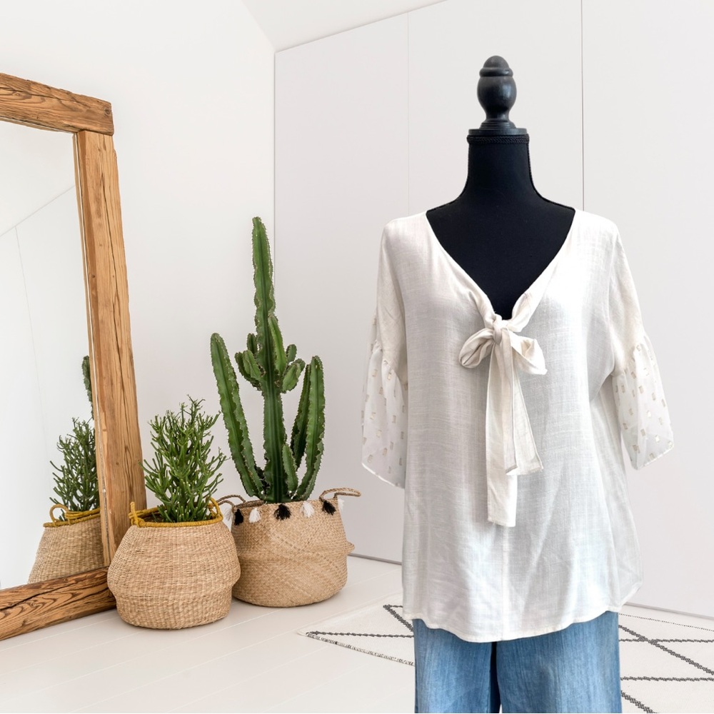 THML Ruffle Semi-Sheer Gold Fleck Short Sleeve Bow Tie Front Top